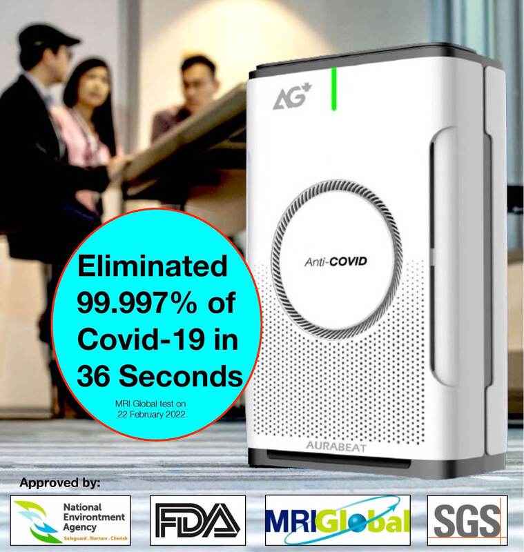 The FDA Certified Aurabeat AG+ Air Sterilizer has been tested and proven to remove 99.9% of Covid-19 from a 50 SqM room in 15 minutes
