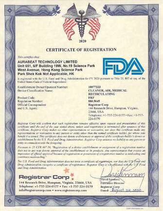 Aurabeat AG+ and Aurabeat LSP-X1 have been FDA Certified as Air Sterilizers
