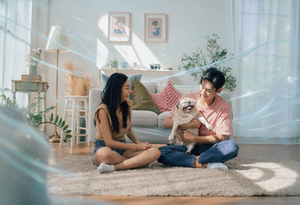 Asian family stay at home together with dog on holiday love couple lifestyle