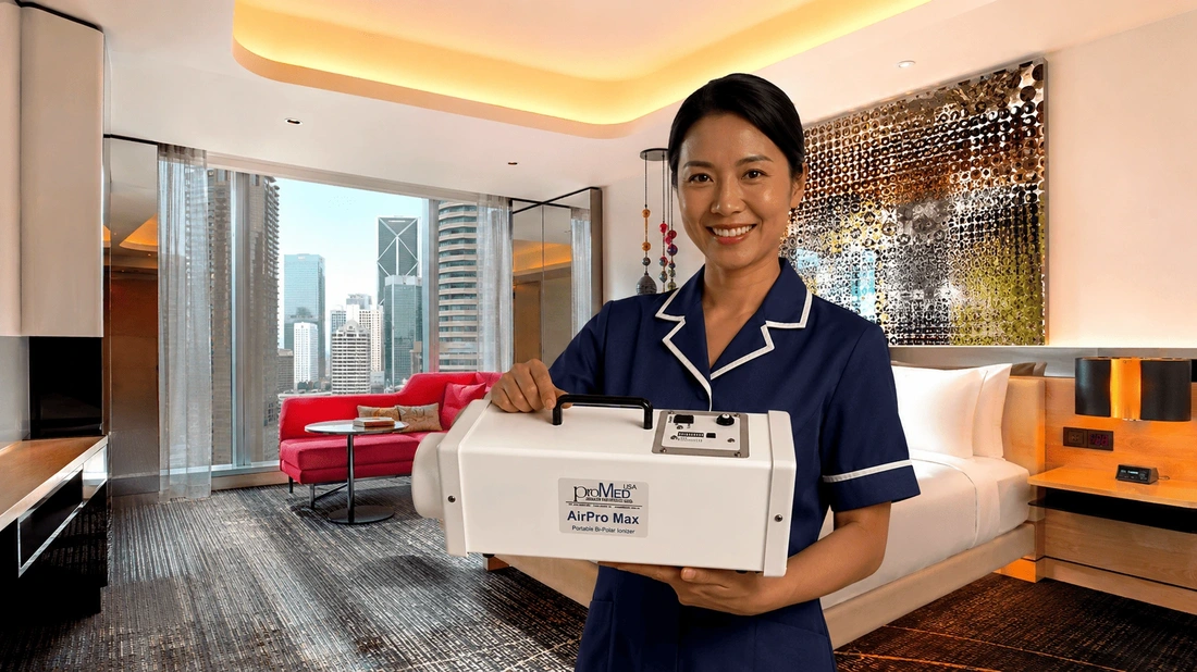 Housekeeper with PurAire AirPro-MAX Bipolar Ioniser