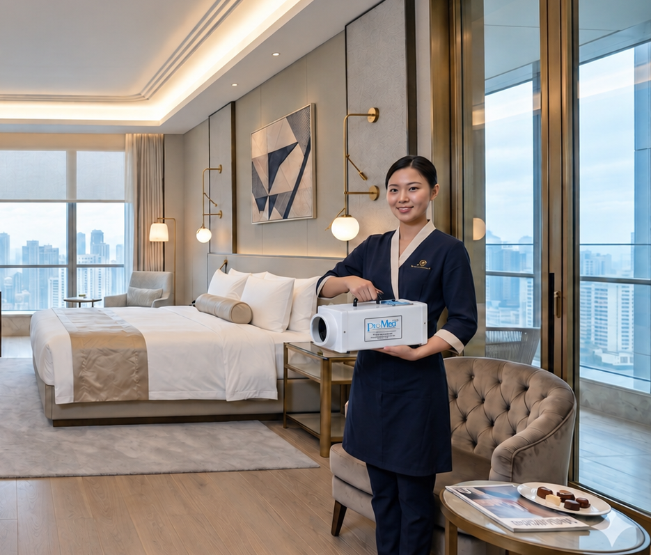 Housekeeper holding our UV SG-600T36 MiniPro ozone generator.