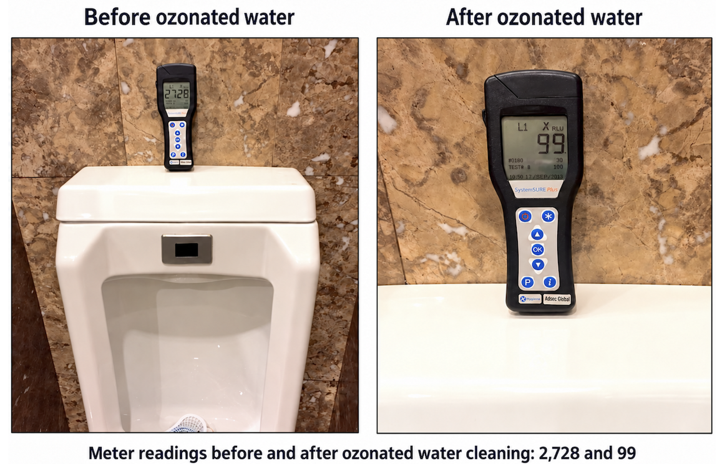 Singapore Hotel gents urinal before and after one wash with SG-OzPAK's ozonated water.